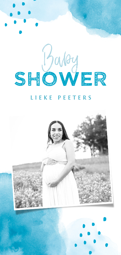 Uitnodiging babyshower jongen met waterverf en eigen foto - Uitnodigingen Uitnodigingen - Uitnodiging babyshower jongen met waterverf en eigen foto