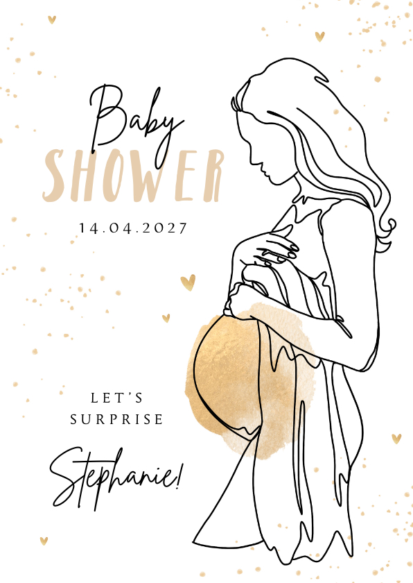 Uitnodigingen - Uitnodiging babyshower line art zwanger goud hartjes