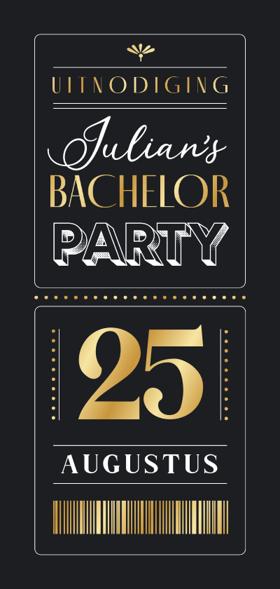 Uitnodigingen - Uitnodiging bachelor party ticket man goud