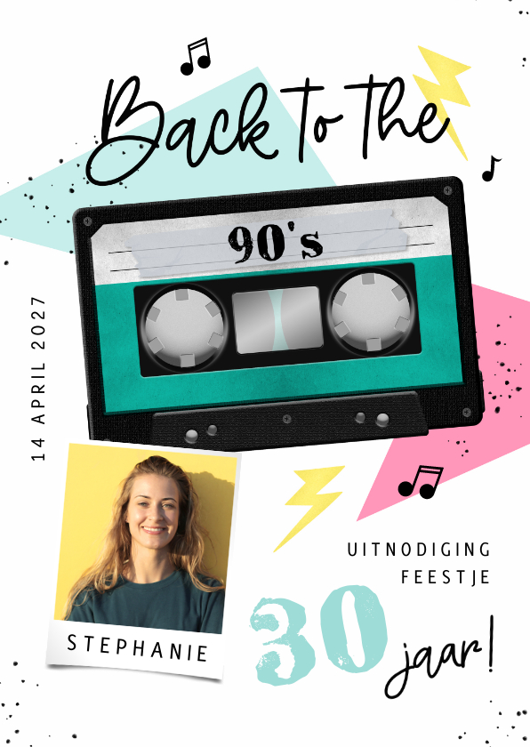 Uitnodigingen - Uitnodiging back to the 90's cassette foto verjaardag