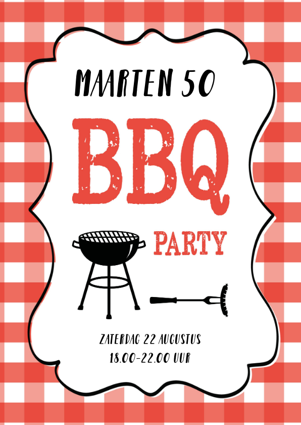 Uitnodigingen - Uitnodiging barbecue rode ruitjes en tekstkader