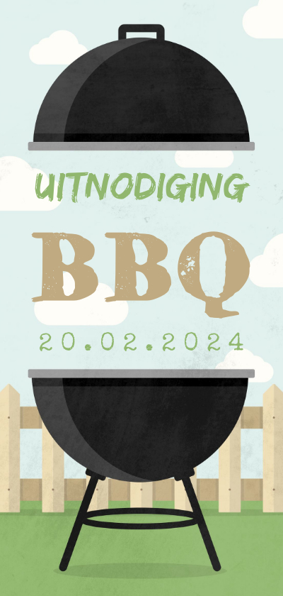 Uitnodigingen - Uitnodiging BBQ met barbecue, hekje en wolken