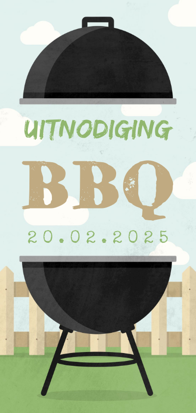 Uitnodiging BBQ met barbecue, hekje en wolken - Uitnodigingen Uitnodigingen - Uitnodiging BBQ met barbecue, hekje en wolken