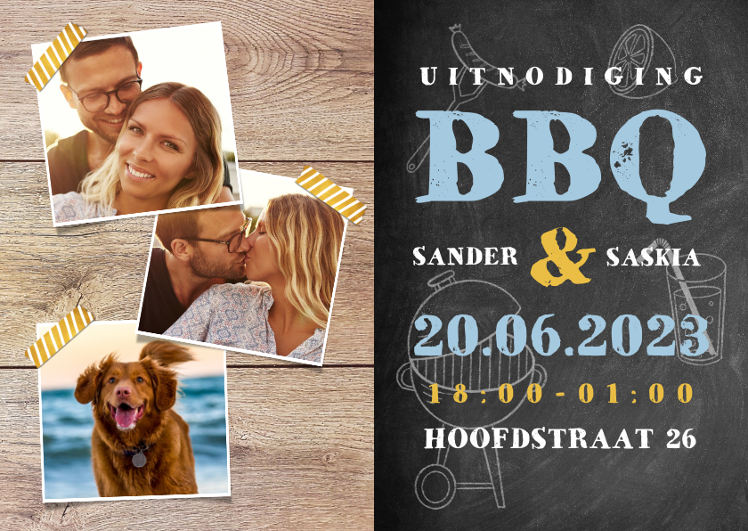 Uitnodiging BBQ met hout, krijtbord, illustraties en foto's - Uitnodigingen Uitnodigingen - Uitnodiging BBQ met hout, krijtbord, illustraties en foto's