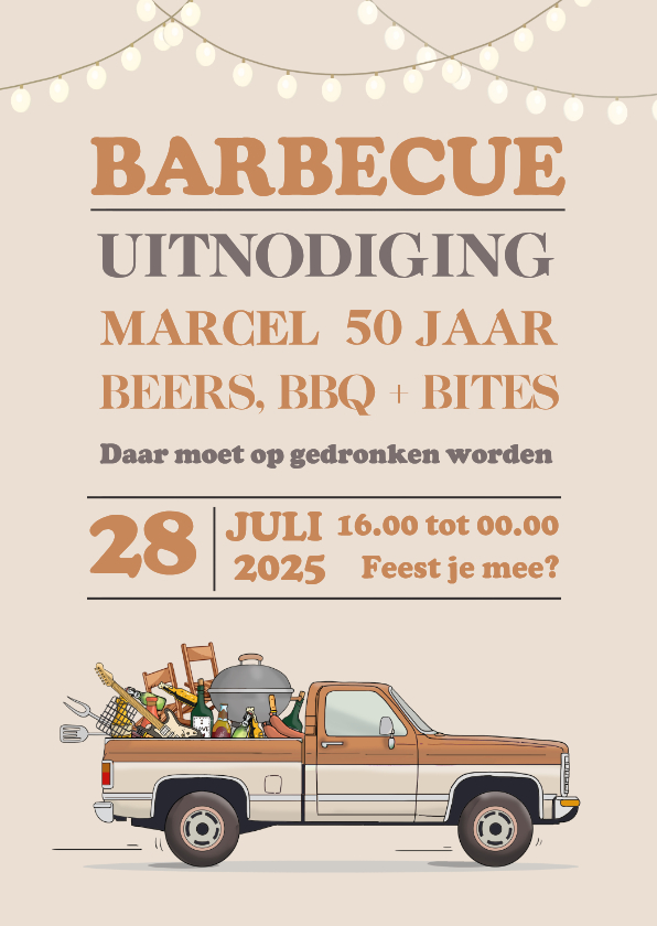 Uitnodigingen - Uitnodiging BBQ met pickup truck retro bruin