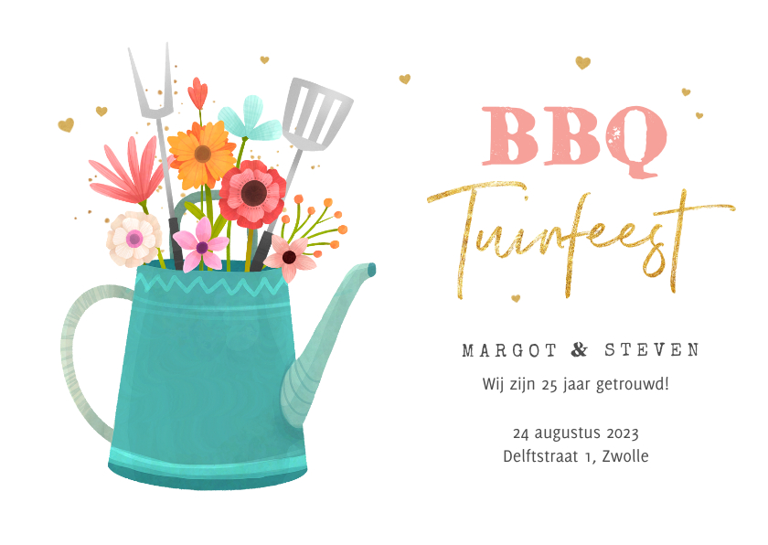 Uitnodiging BBQ tuinfeest bloemen zomer gieter hartjes - Uitnodigingen Uitnodigingen - Uitnodiging BBQ tuinfeest bloemen zomer gieter hartjes