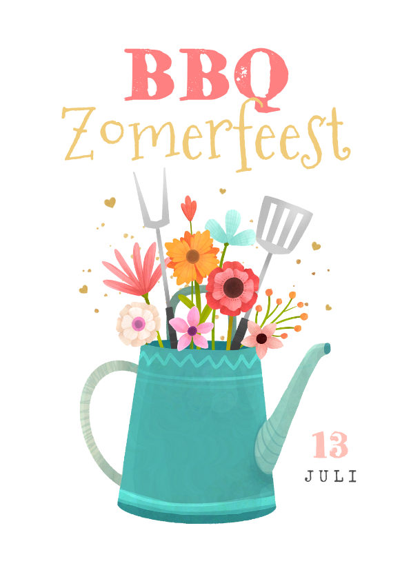 Uitnodigingen - Uitnodiging BBQ tuinfeest zomerfeest bloemen gieter hartjes