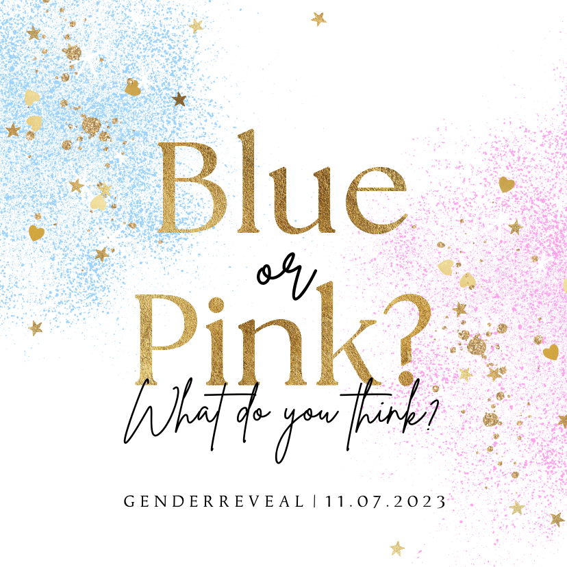Uitnodigingen - Uitnodiging blue or pink gender reveal party spetters goud