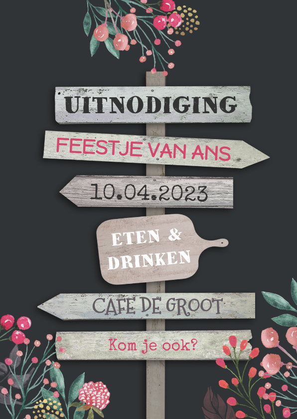 Uitnodiging bordjes met bloemen - Uitnodigingen Uitnodigingen - Uitnodiging bordjes met bloemen