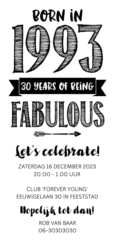 Uitnodigingen - Uitnodiging born in 1993 - 30 years of being fabulous