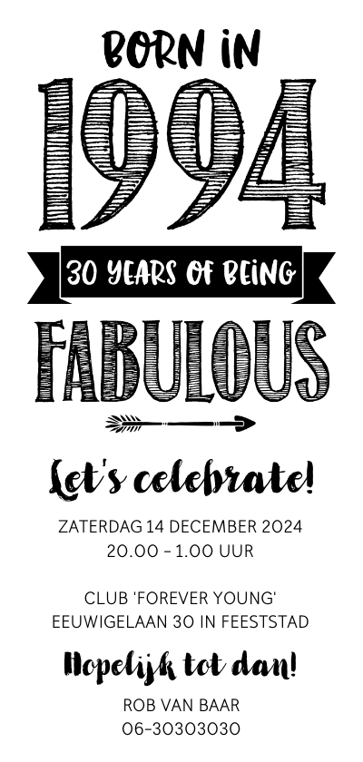Uitnodigingen - Uitnodiging born in 1994 - 30 years of being fabulous