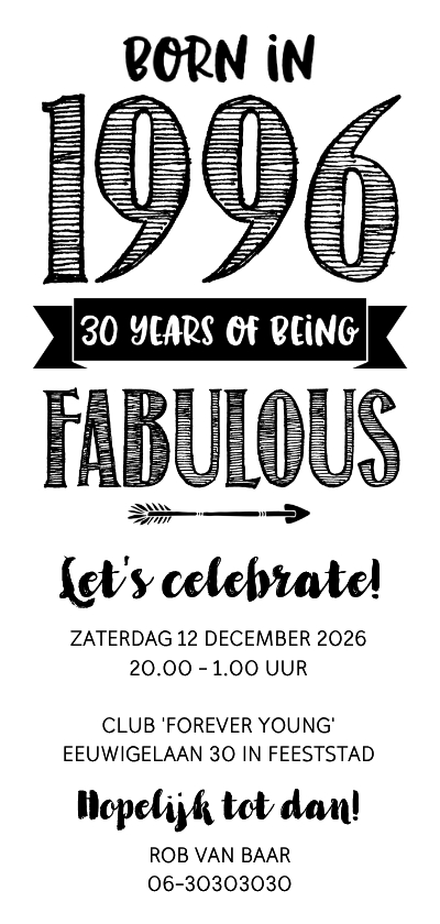 Uitnodigingen - Uitnodiging born in 1996 - 30 years of being fabulous