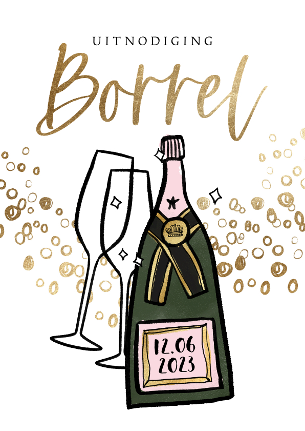 Uitnodigingen - Uitnodiging ‘Borrel’ bubbels goudlook champagnefles glazen