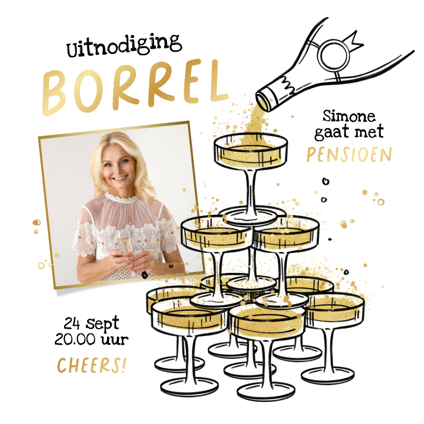 Uitnodigingen - Uitnodiging borrel pensioen feestje champagne cocktails goud