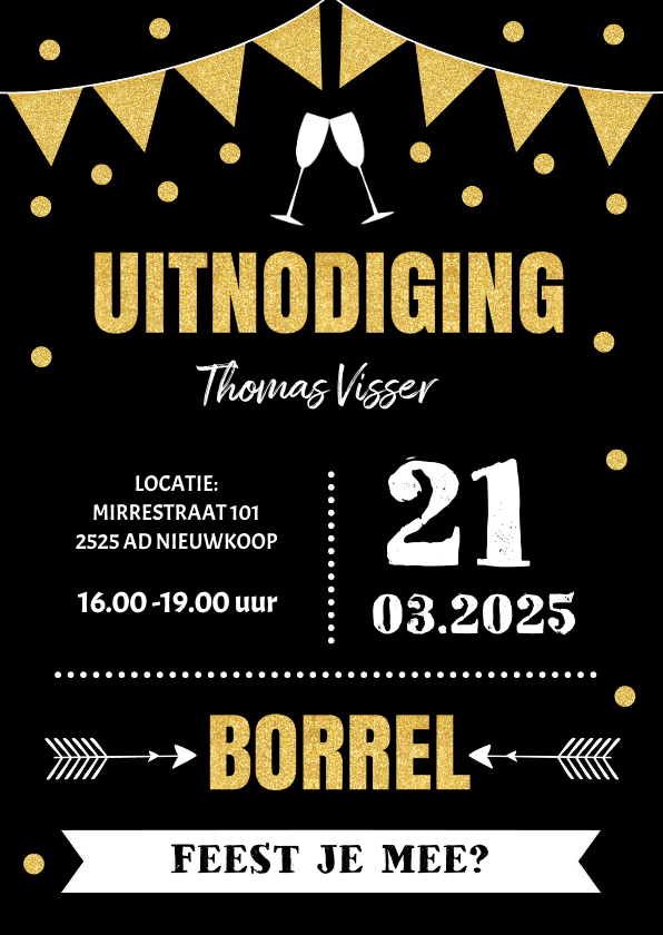 Uitnodigingen - Uitnodiging borrel typografie slinger goudlook confetti