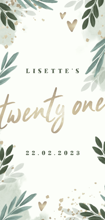 Uitnodiging botanisch 'twenty one' met gouden hartjes - Uitnodigingen Uitnodigingen - Uitnodiging botanisch 'twenty one' met gouden hartjes