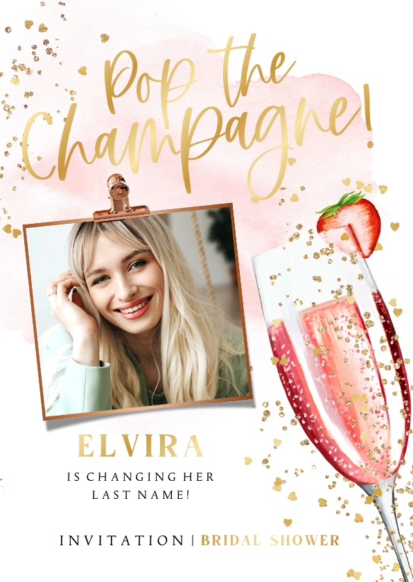 Uitnodigingen - Uitnodiging Bridal Shower champagne watercolour goudlook