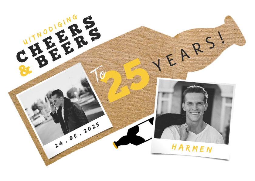 Uitnodigingen - Uitnodiging Cheers & Beers met papierlook en foto