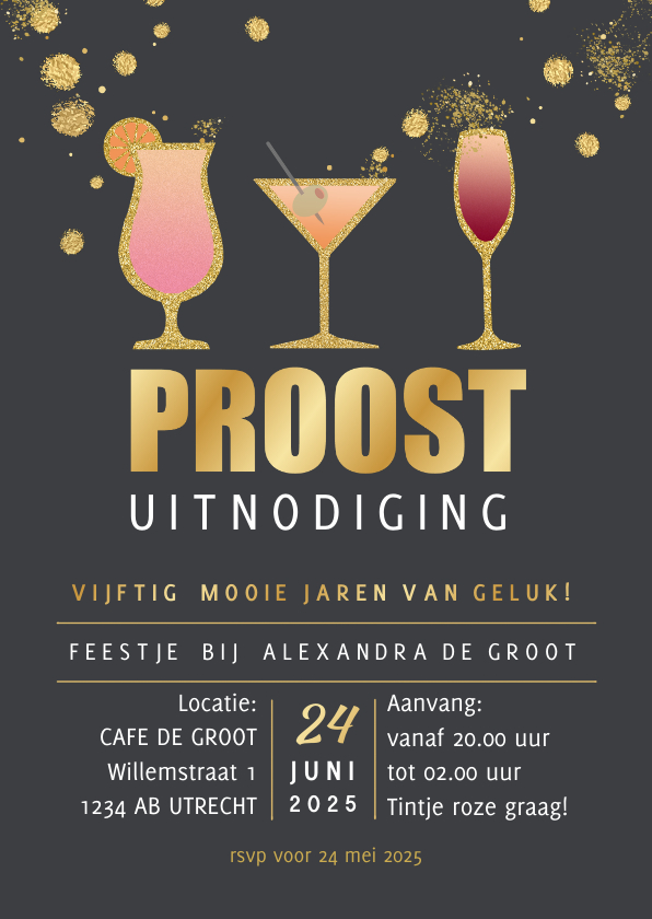 Uitnodigingen - Uitnodiging cocktail feestje met glitters