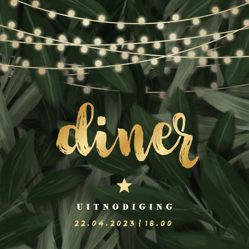 Uitnodigingen - Uitnodiging diner jungle bladeren met lampjes