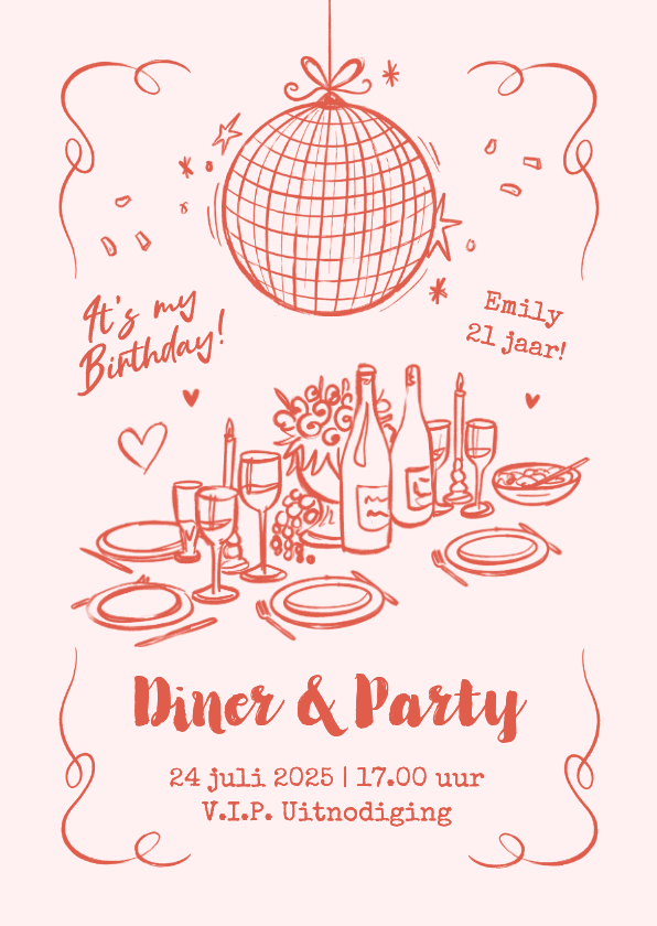 Uitnodiging diner party etentje doodle roze hip - Uitnodigingen Uitnodigingen - Uitnodiging diner party etentje doodle roze hip