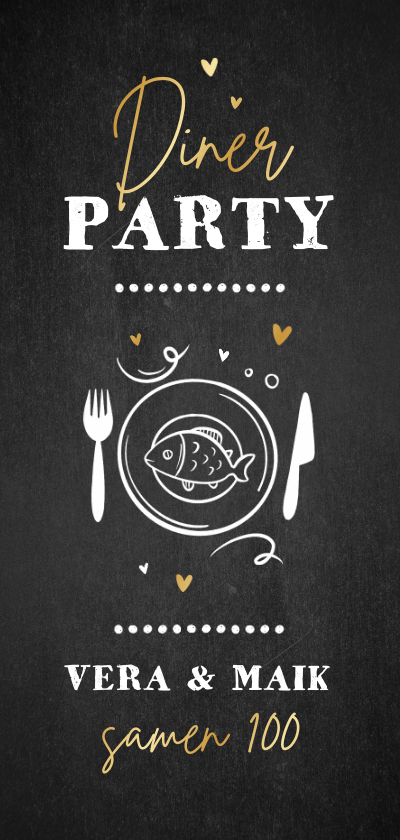Uitnodigingen - Uitnodiging diner party krijtbord illustratie goud samen 100