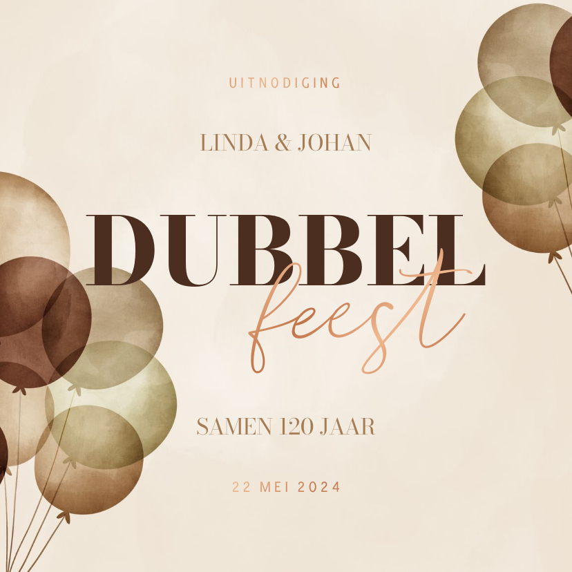 Uitnodigingen - Uitnodiging dubbel feest met ballonnen en koperfolie
