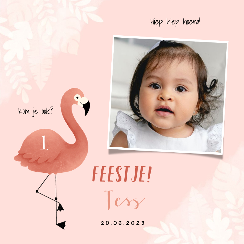 Uitnodiging eerste verjaardag meisje flamingo jungle & foto - Uitnodigingen Uitnodigingen - Uitnodiging eerste verjaardag meisje flamingo jungle & foto