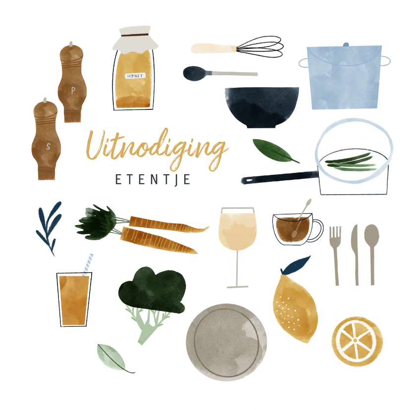 Uitnodigingen - Uitnodiging etentje feestje met eten en drinken illustraties