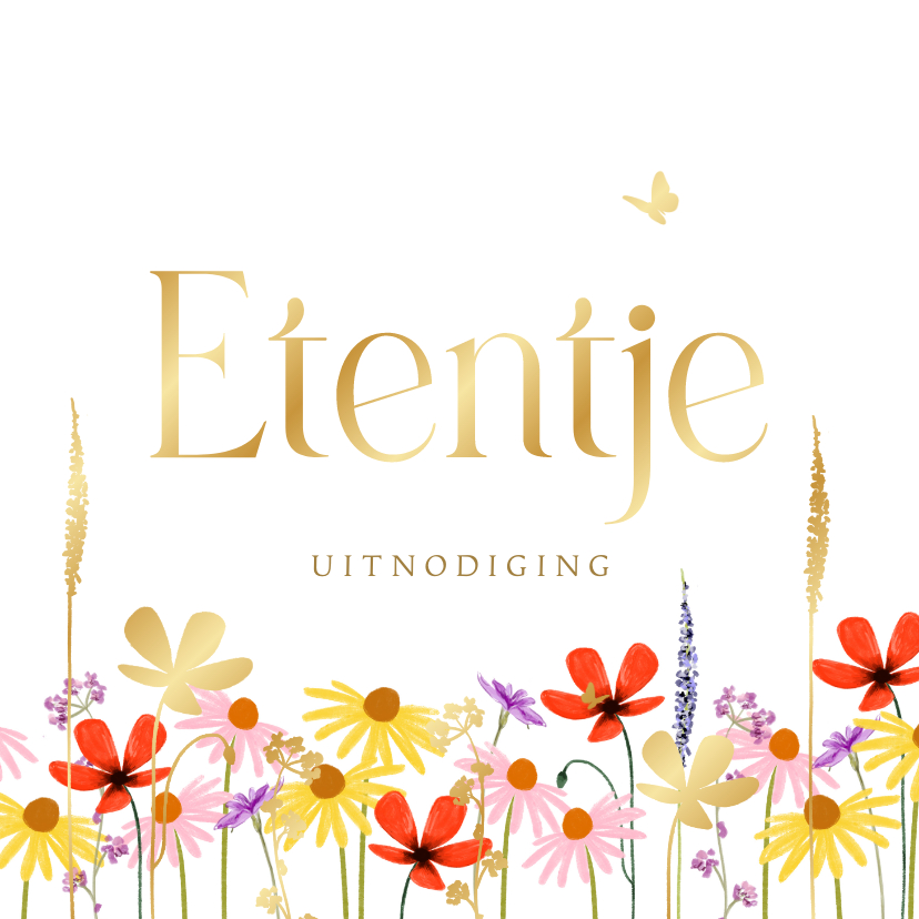 Uitnodiging etentje veldbloemen goud vlinder - Uitnodigingen Uitnodigingen - Uitnodiging etentje veldbloemen goud vlinder