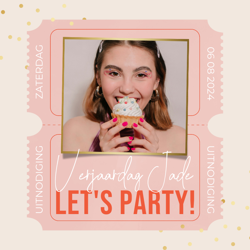 Uitnodigingen - Uitnodiging feest let's party met tickets roze confetti foto