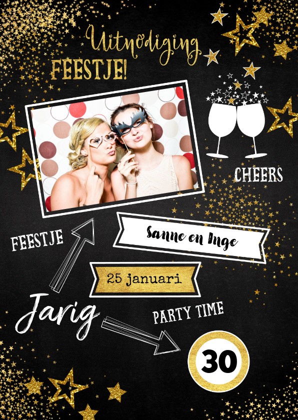 Uitnodiging feestelijke foto kaart met gouden versiering - Uitnodigingen Uitnodigingen - Uitnodiging feestelijke foto kaart met gouden versiering