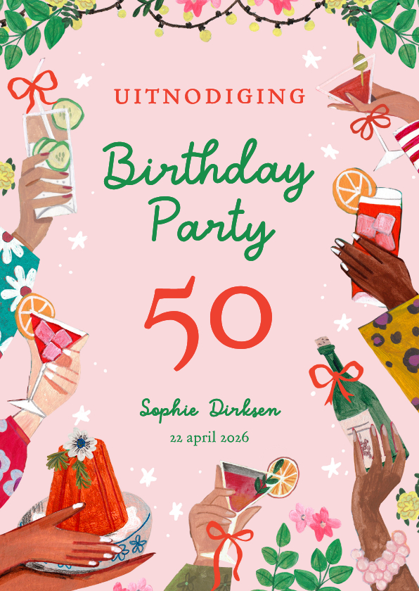 Uitnodigingen - Uitnodiging feestje 50 bloemen en cocktails lente