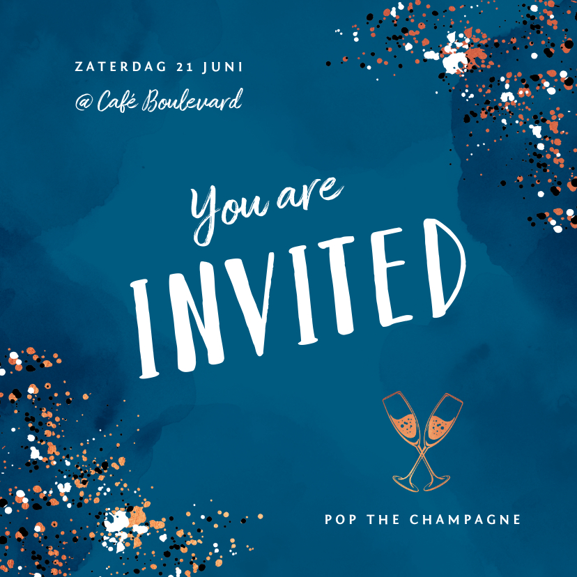 Uitnodiging feestje borrel pop the champagne met spetters - Uitnodigingen Uitnodigingen - Uitnodiging feestje borrel pop the champagne met spetters