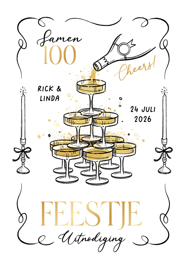 Uitnodiging feestje champagne toren doodle etentje samen 100 - Uitnodigingen Uitnodigingen - Uitnodiging feestje champagne toren doodle etentje samen 100