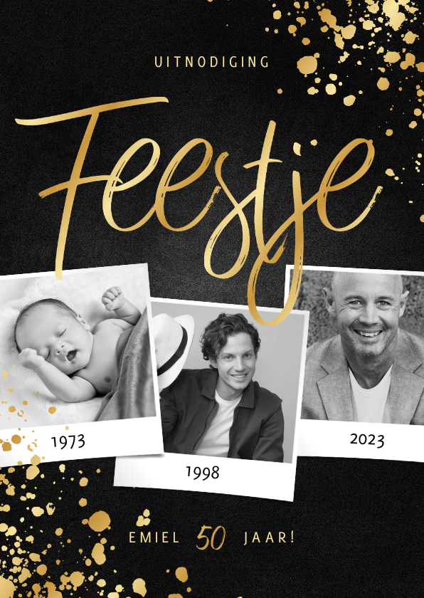 Uitnodiging feestje goud fotocollage met spetters - Uitnodigingen Uitnodigingen - Uitnodiging feestje goud fotocollage met spetters