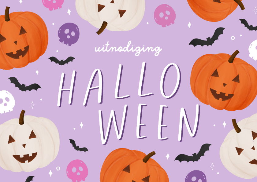 Uitnodigingen - Uitnodiging feestje Halloween paars pompoenen vleermuizen