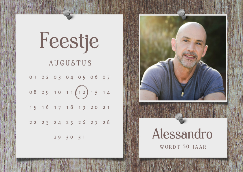 Uitnodigingen - Uitnodiging feestje kalender hout met foto's en spijkers
