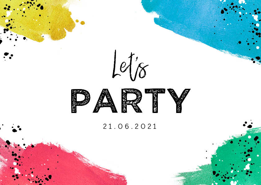Uitnodigingen - Uitnodiging feestje kleurrijk met verf en spetters