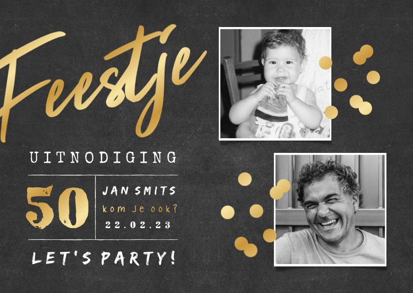 Uitnodiging 'feestje' krijtbord met 2 foto's - Uitnodigingen Uitnodigingen - Uitnodiging 'feestje' krijtbord met 2 foto's