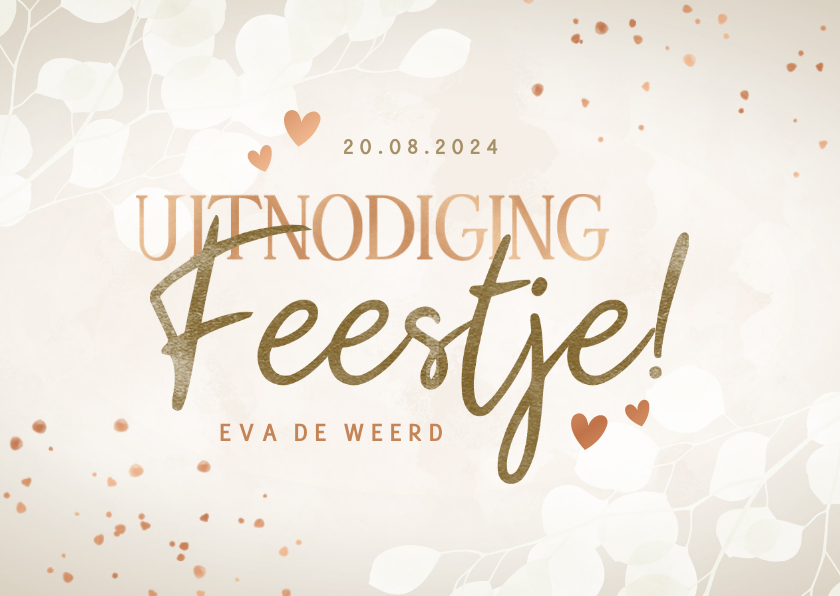 Uitnodiging feestje met eucalyptus hartjes koperlook - Uitnodigingen Uitnodigingen - Uitnodiging feestje met eucalyptus hartjes koperlook