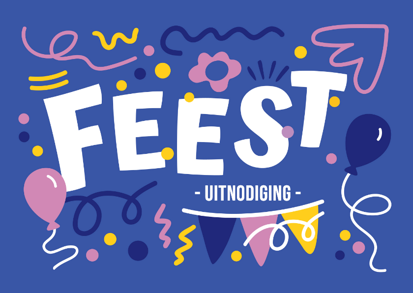 Uitnodigingen - Uitnodiging feestje paars met ballonnen en confetti