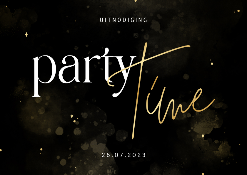 Uitnodigingen - Uitnodiging feestje partytime zwart en goud