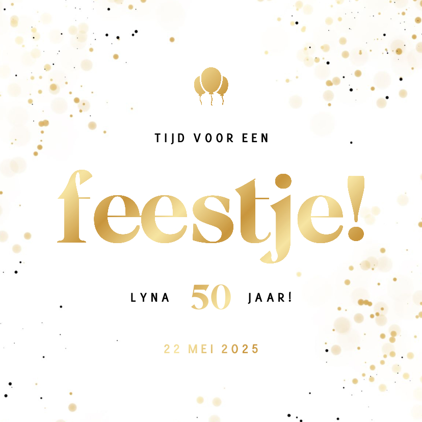 Uitnodigingen - Uitnodiging feestje wit met confetti en goudfolie ballonnen