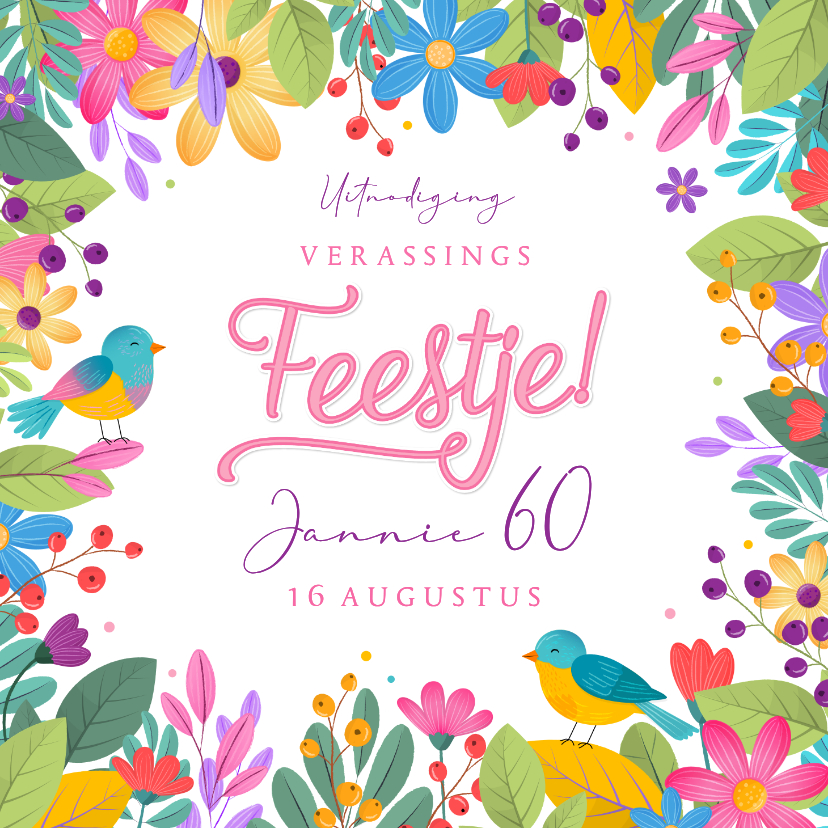 Uitnodiging feestje zomers botanisch kleurrijk met vogels - Uitnodigingen Uitnodigingen - Uitnodiging feestje zomers botanisch kleurrijk met vogels