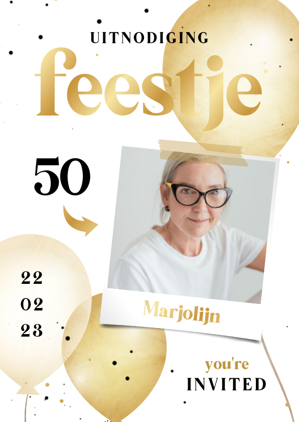 Uitnodiging feestje zwart wit goud met ballonnen - Uitnodigingen Uitnodigingen - Uitnodiging feestje zwart wit goud met ballonnen