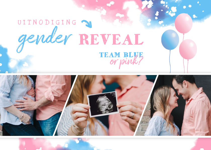 Uitnodigingen - Uitnodiging gender reveal fotostrip met ballonnen