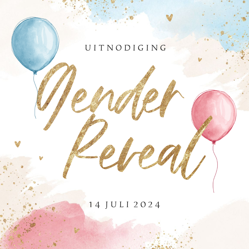 Uitnodigingen - Uitnodiging gender reveal party ballon blauw roze waterverf 
