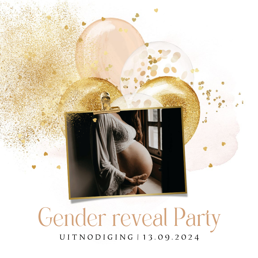 Uitnodigingen - Uitnodiging gender reveal stijlvol ballonnen confetti goud