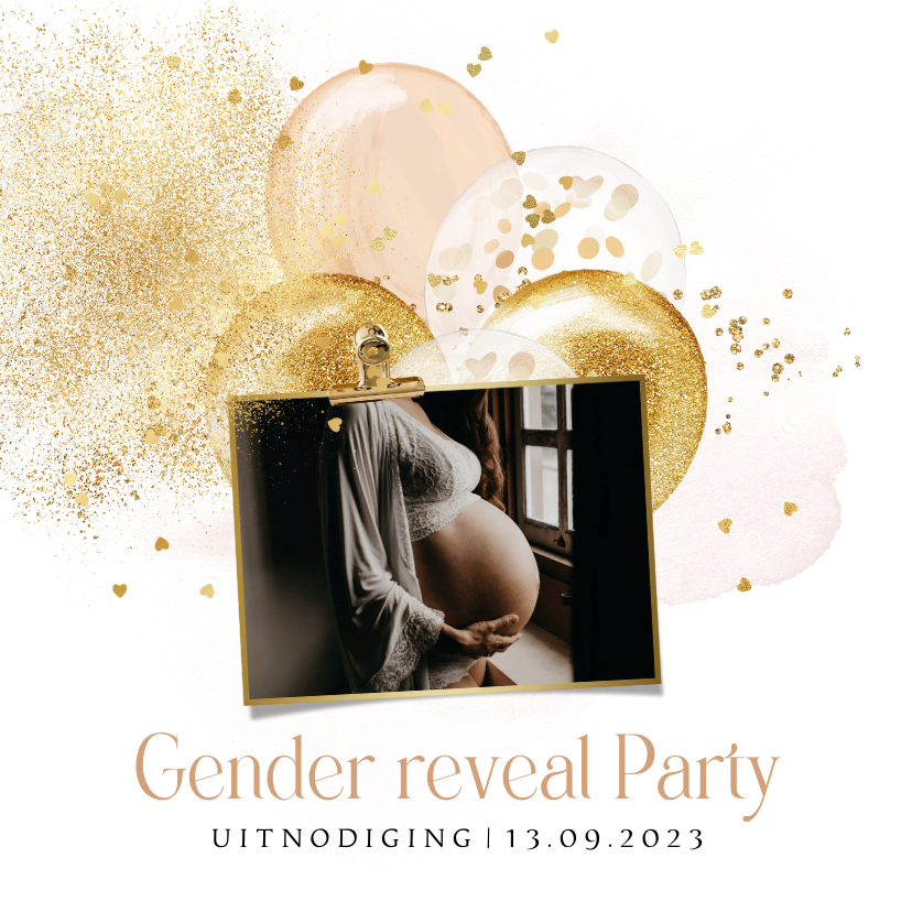 Uitnodiging gender reveal stijlvol ballonnen confetti goud - Uitnodigingen Uitnodigingen - Uitnodiging gender reveal stijlvol ballonnen confetti goud